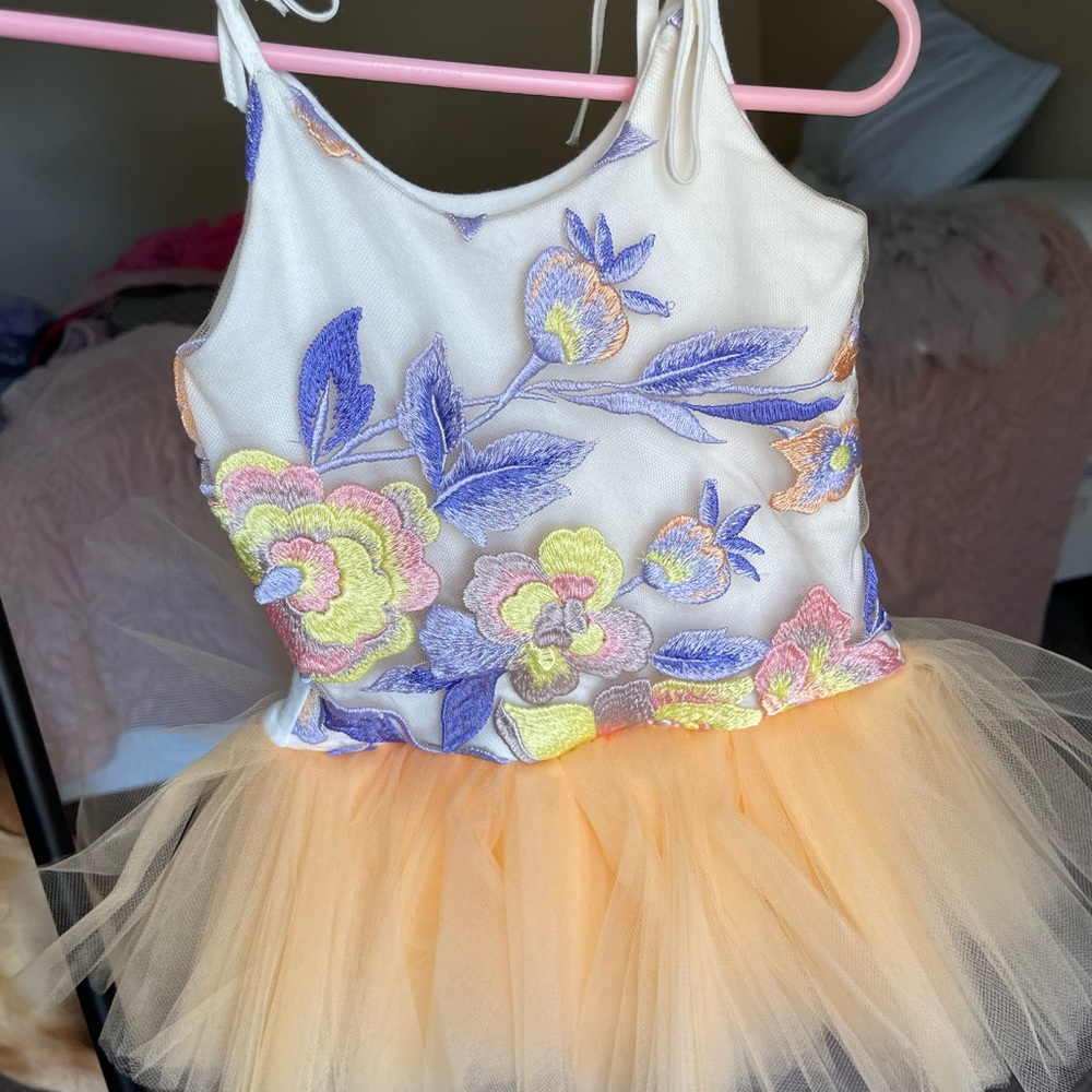 Floral Embroidered Kids Dress - Cream and Orange